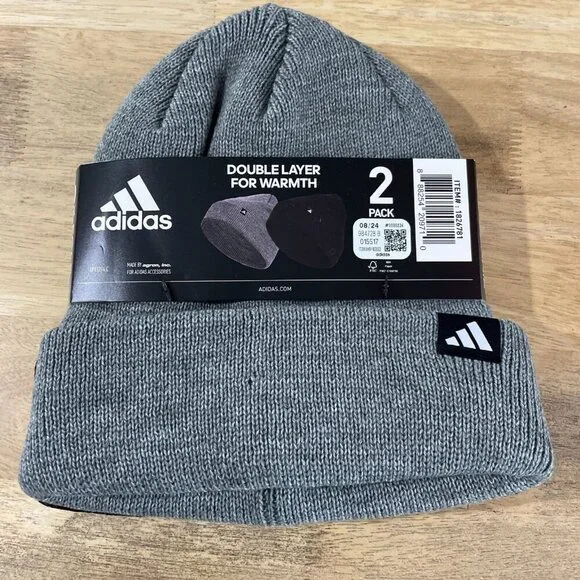 NEW Adidas 2-Pack Performance Fold Beanie Double Layer Warmth Black & Gray - Picture 2 of 3